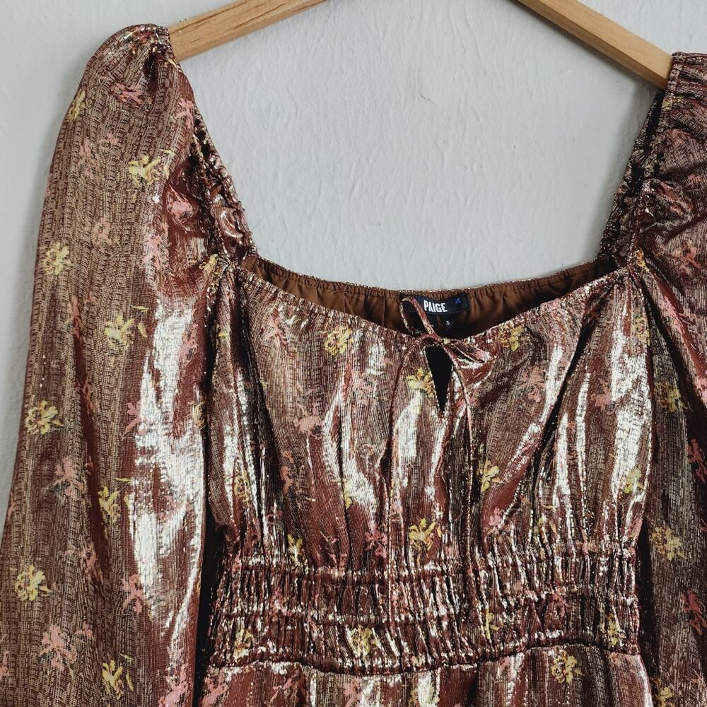 Paige Noah Silk Blend Mini Dress XS | Bronze Dust Metallic Floral Cocktail - Picture 7 of 10